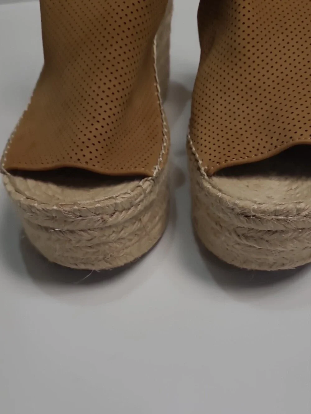 Marc Fisher Tan Leather Perforated Espadrille Platform Wedge Sandals - Size 8.5